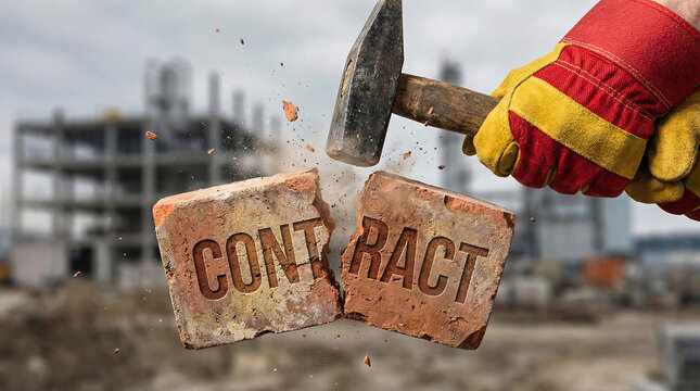 A gloved hand holds a hammer breaking a contract brick on a construction site