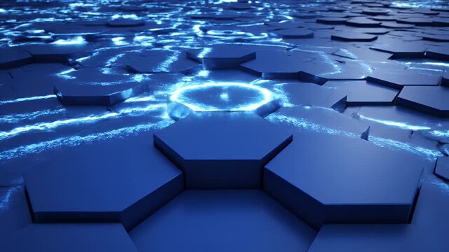 Blue Hexagonal Grid with Glowing Edges - This video features a futuristic-looking grid of hexagonal tiles in varying shades of blue.
