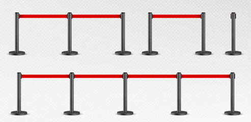 Belt barrier with red rope on black poles isolated on transparent background. Vector realistic illustration of ribbon queue line divider for security control at airport, night club, museum, theater © klyaksun