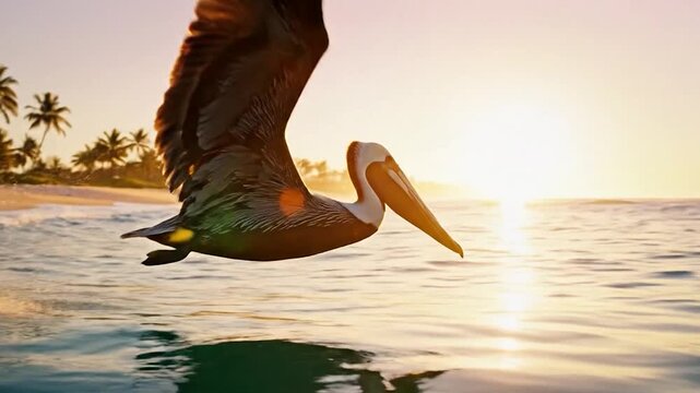 A majestic pelican glides gracefully over the ocean waves at sunrise