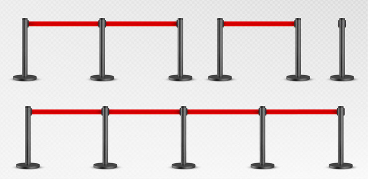 Belt barrier with red rope on black poles isolated on transparent background. Vector realistic illustration of ribbon queue line divider for security control at airport, night club, museum, theater