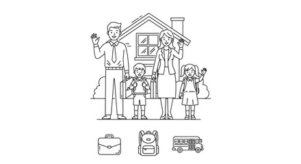 Obraz premium Happy family waving goodbye to school, house and school bus icons