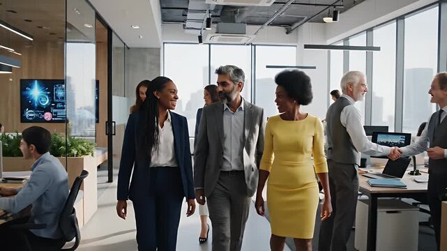 Diverse Business Team Walking Through Modern Office - A diverse group of business professionals walks through a bright, modern office space.