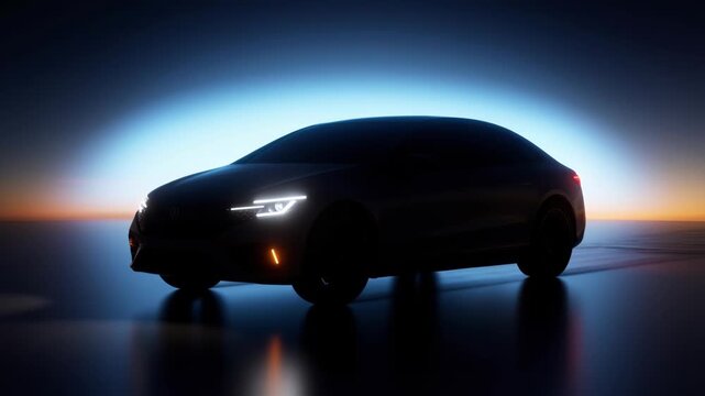 Sleek car silhouette dusk with illuminated headlights and reflective wet pavement, blue backlight and reflective floor conveying mystery