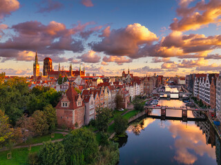 Beautiful sunrise over the Motlawa River in Main Town of Gdansk. Poland