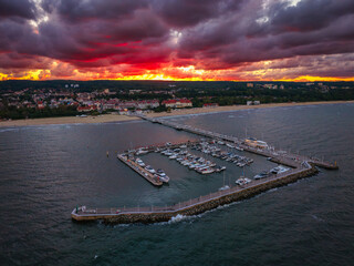 Beautiful architecture of Sopot city by the Baltic Sea at sunset, Poland.