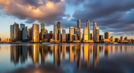 Obraz premium Modern city skyline reflected in calm water under a dramatic cloudy sky
