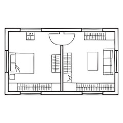 Black and white floor plan of a large room with various furniture and fixtures room layout