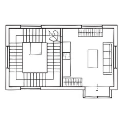 Black and white floor plan of a multi-room building with seating areas and a stage building layout
