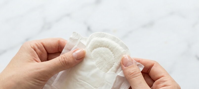 Womans hands opening sanitary pad for feminine hygiene, period care product, discreet packaging, comfort and protection concept