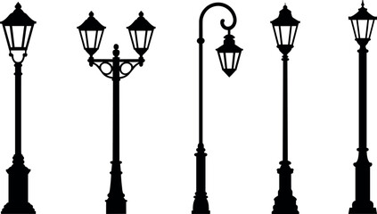 Vector Collection of Black Street Lamp Silhouettes Featuring Various Classic and Decorative Outdoor Lighting Pole Designs. © Ahmed Sahid
