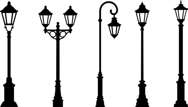 Vector Collection of Black Street Lamp Silhouettes Featuring Various Classic and Decorative Outdoor Lighting Pole Designs.
