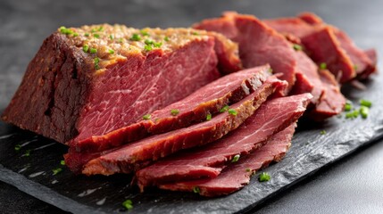 Juicy pieces of smoked meat rest on a black slate board, expertly sliced and garnished with vibrant green herbs. Perfect for a hearty meal or a savory snack, inviting everyone to indulge