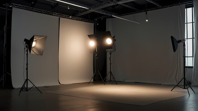 Professional photography studio interior featuring isolated lighting equipment with a flash strobe, softbox, and lamp on a tripod stand against a white background