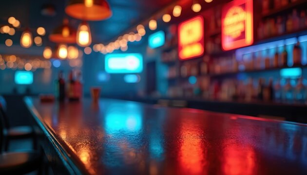 Bar counter with bottles and neon lights. Interior with reflections on shiny surface. Empty pub at night, moody atmosphere, blurred background.