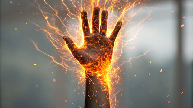 Burning hand sensation and nerve pain visualization. Dermatology and thermal injury concept. Human hand engulfed in fire and sparks representing intense pain or supernatural energy 