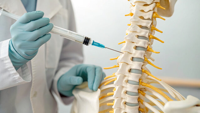 Cervical spine injection and neck pain treatment. Pain management and spinal therapy. Medical syringe needle entering the vertebrae to deliver medication for nerve relief