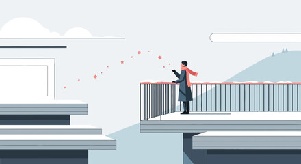 Obraz premium Minimalist winter scene: woman on balcony releasing pink petals, soft clouds, snowy landscape.