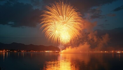 Explosion of bright yellow fireworks over tranquil water at dusk. City lights twinkle along distant shore. Mountains form dark silhouette against twilight sky. Reflections shimmer on lake.
