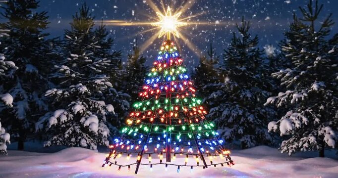 Christmas Tree in Snowy Forest at Night.