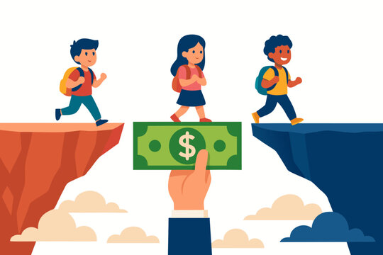 A hand offering money to students crossing a gap between two cliffs