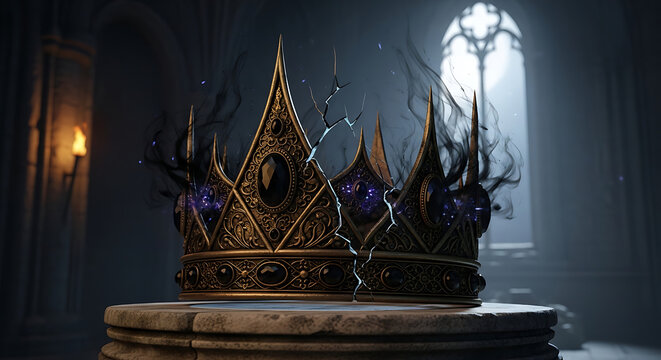 A broken golden crown with dark tendrils sits on a stone pedestal in a dimly lit gothic hall, symbolizing fallen power and decay.