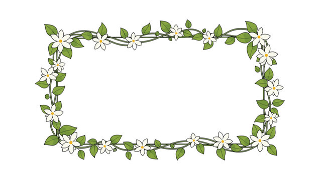 Rectangular floral frame made of green vines and small white jasmine-like flowers with yellow centers on white background.