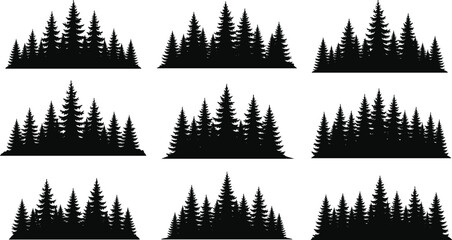Collection of nine black pine tree silhouettes isolated on white background, vector illustration for nature landscape design or camping logo. © MdFiroz