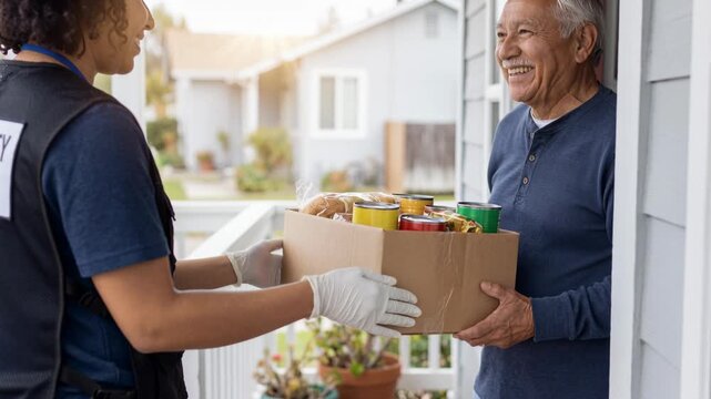 Community volunteer delivering food box and household supplies to smiling senior man at home promoting community helper support and food security