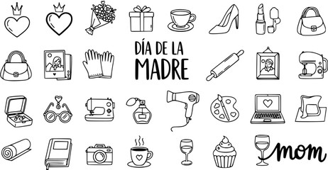 Naklejka premium Black and White Line Art Icons of Mother's Day Gifts and Symbols