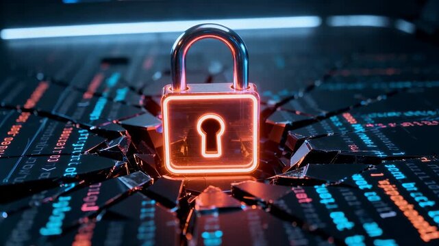 A glowing neon padlock emerges from a cracked digital surface with abstract code, symbolizing cybersecurity and data protection.