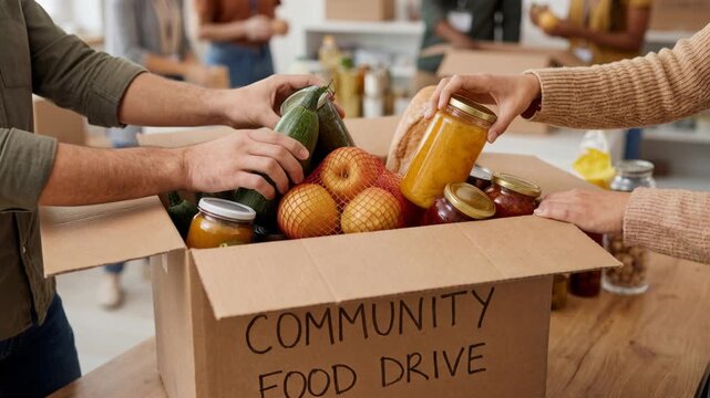 Community food drive volunteer packing canned apple jars pantry donations with fresh produce bread teamwork supporting vulnerable neighbors and food
