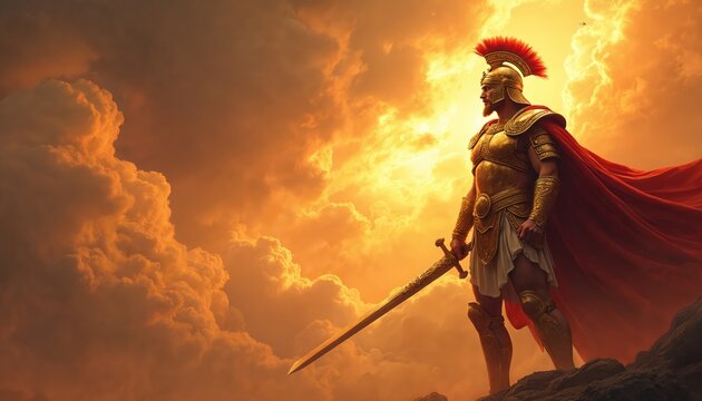 Golden armored warrior with sword stands on rocks. Red cape flows against dramatic orange sky clouds. Heroic figure of ancient myth looks out with powerful gaze.