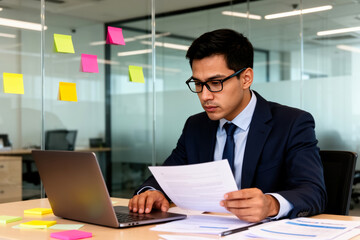 Fototapeta premium Focused businessman in blue suit reviewing documents beside laptop, surrounded by papers on wooden desk in modern glass-walled office