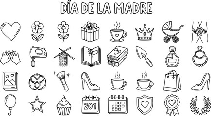 Fototapeta premium Mother's Day Motherhood Line Art Doodle Icons Collection - Black White Symbols for Family Celebration, Gifts, and Lifestyle.