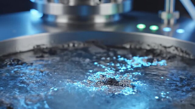 Nanoparticle Synthesis in a Controlled Environment - A close-up video showcases the synthesis of nanoparticles in a silver container filled with liquid, where small blue dots and dark chunks are