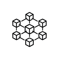 Black and white vector illustration of connected cubes symbolizing programming artificial intelligence and blockchain network technology