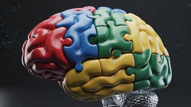 Brain Puzzle Concept - A 3D video of a brain made out of puzzle pieces is showcased against a dark background with faint specks of light.