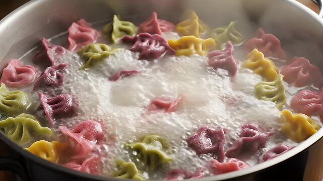 Colorful Dumplings Boiling in a Pot - A close-up shot of various colored dumplings boiling in a stainless steel pot.