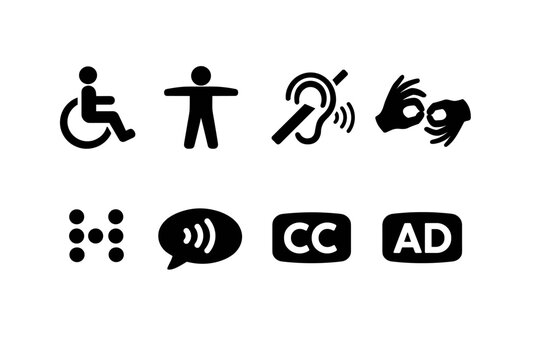 Accessibility icons: wheelchair, sign language, hearing, braille, captions, audio description