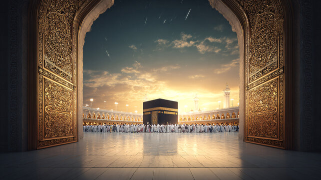 Kaaba in Mecca viewed through ornate Islamic archway during golden sunset for Ramadan prayers