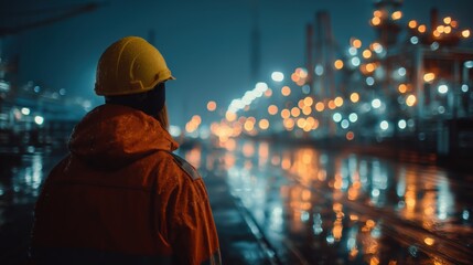 Fototapeta premium Industrial worker in hard hat observing oil refinery at night in rain