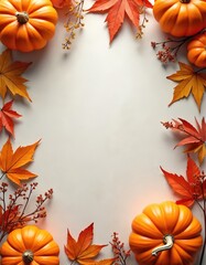 Fototapeta premium Orange pumpkins and red orange maple leaves frame light surface. Autumn harvest border with plants and berries. Fall season decor. Thanksgiving celebration.