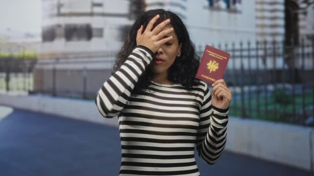 Woman holding passport with hand on forehead in front of building, striped shirt visible; travel frustration.
