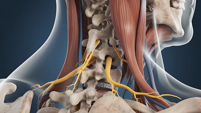 Human Neck Anatomy with Nerves - Anatomical video of the human neck shows the spine, skull, muscles, and branching nerve pathways. The realistic medical illustration is set against a blue background.