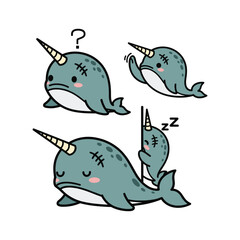 Cute cartoon narwhals with different emotions and actions on white background © RashidStock