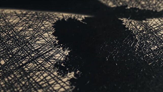 Close-up of a textured surface with a dark, amorphous shape overlapping intersecting lines