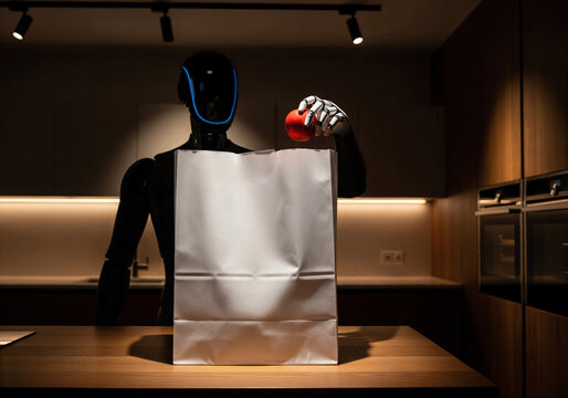 Moody kitchen scene with a humanoid robot behind a large paper shopping bag and an apple. Perfect for retail branding, grocery packaging, food-tech visuals, and future lifestyle ads.