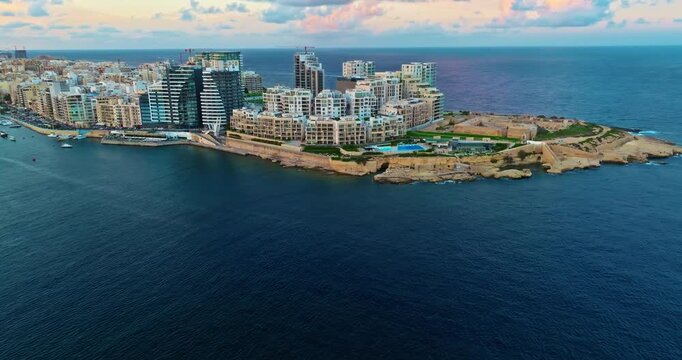 Aerial view of Sliema with modern real estate and a beautiful waterfront. Malta, Mediterranean, Europe