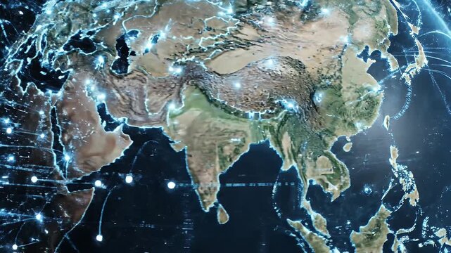 Global Network Connection Over Asia - A view of planet Earth focusing on Asia, the Middle East and Africa with a network overlay connecting major cities and continents.